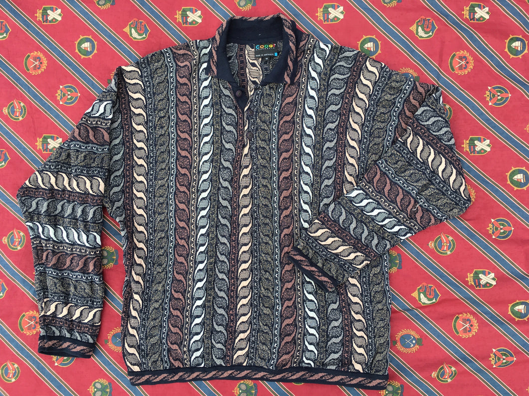 Vintage Coogi 3D knitted polo neck cotton blend jumper, XL