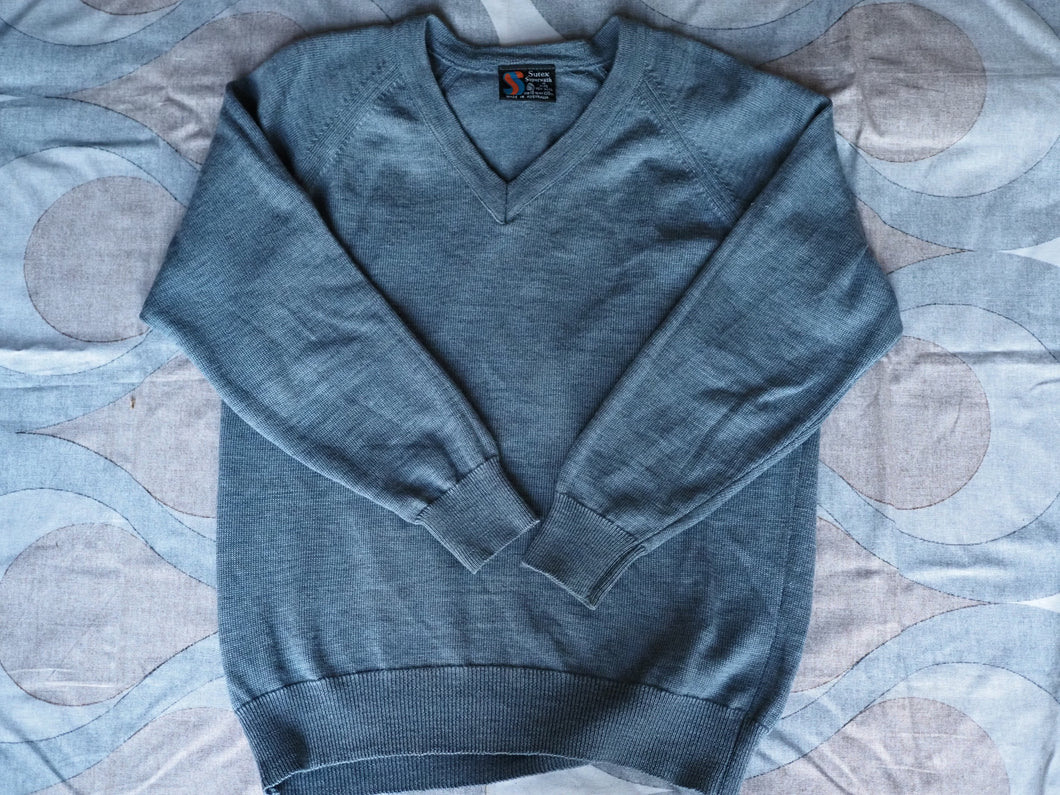 Vintage 1980s v-neck pure wool blue/grey jumper, Large